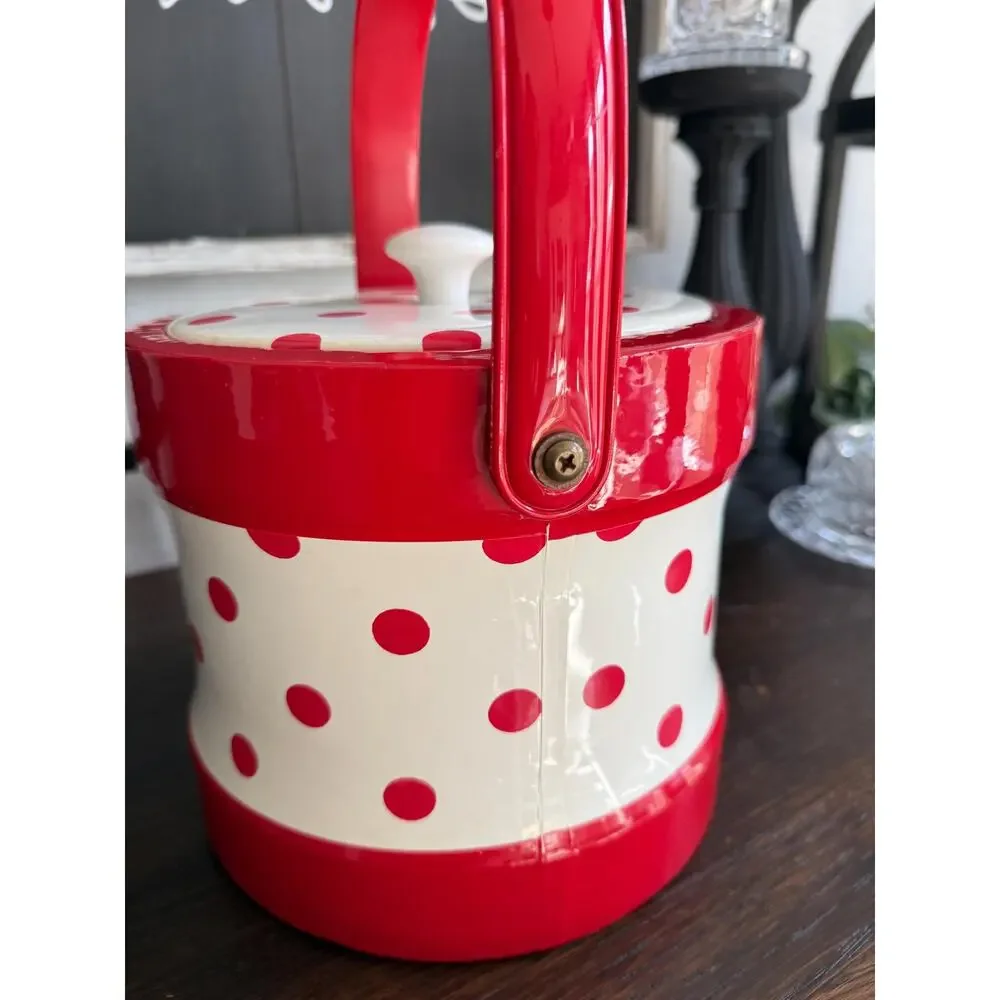 Vintage Red White Polka Dot Ice Bucket Retro Vinyl Barware Mid Century Style